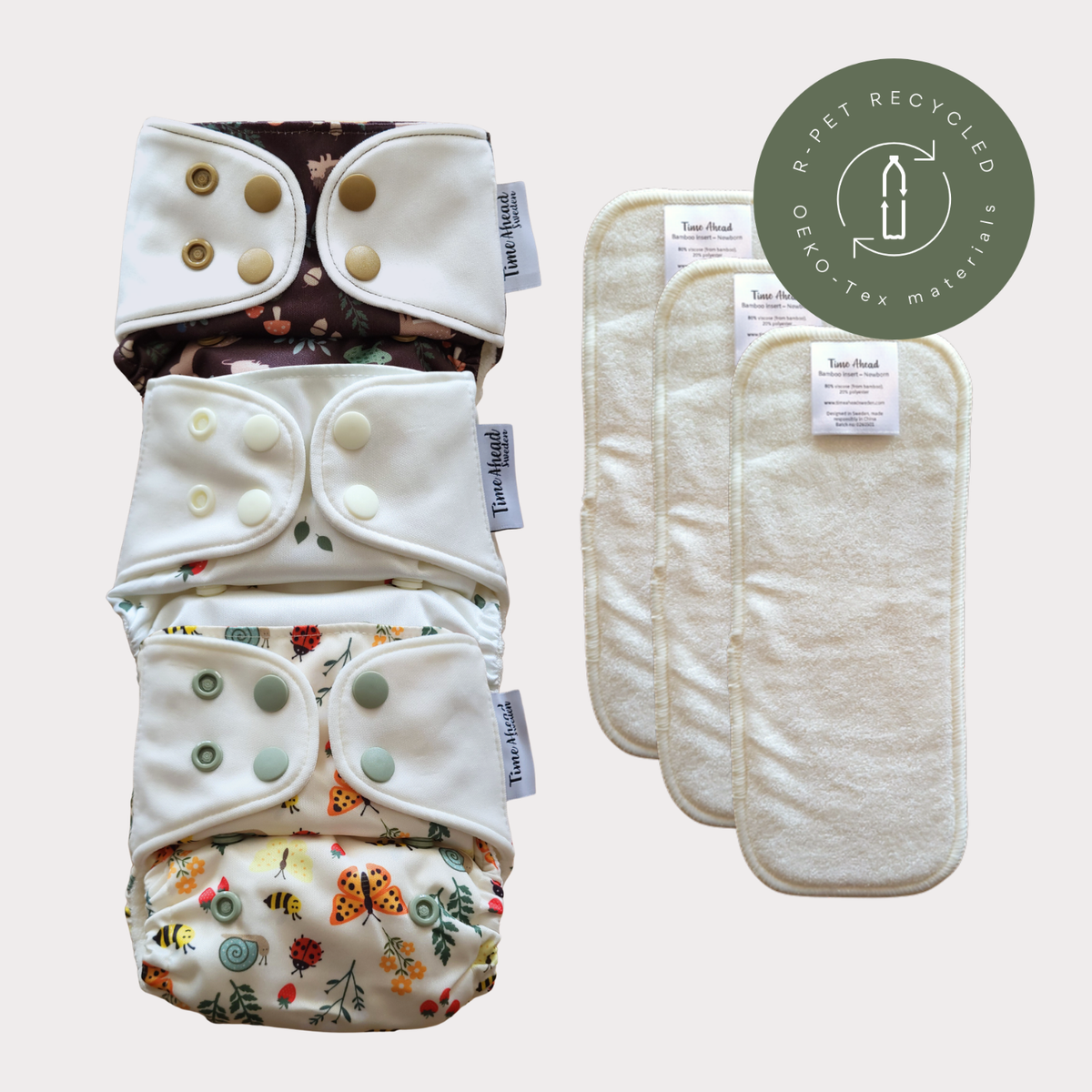 Time Ahead Sweden - Startpakke stofble nyfødt | Alt-i-et 2-6 kg: Med tilbehør / Skovjordbær | Humleblomster grøn | Engvinge