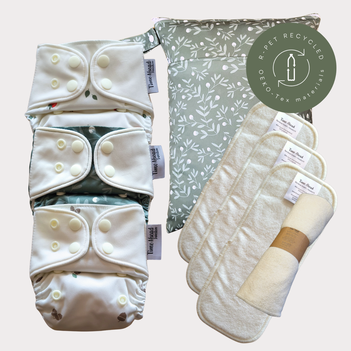Time Ahead Sweden - Startpakke stofble nyfødt | Alt-i-et 2-6 kg: Med tilbehør / Jordbær | Humleblomster grøn | Agern